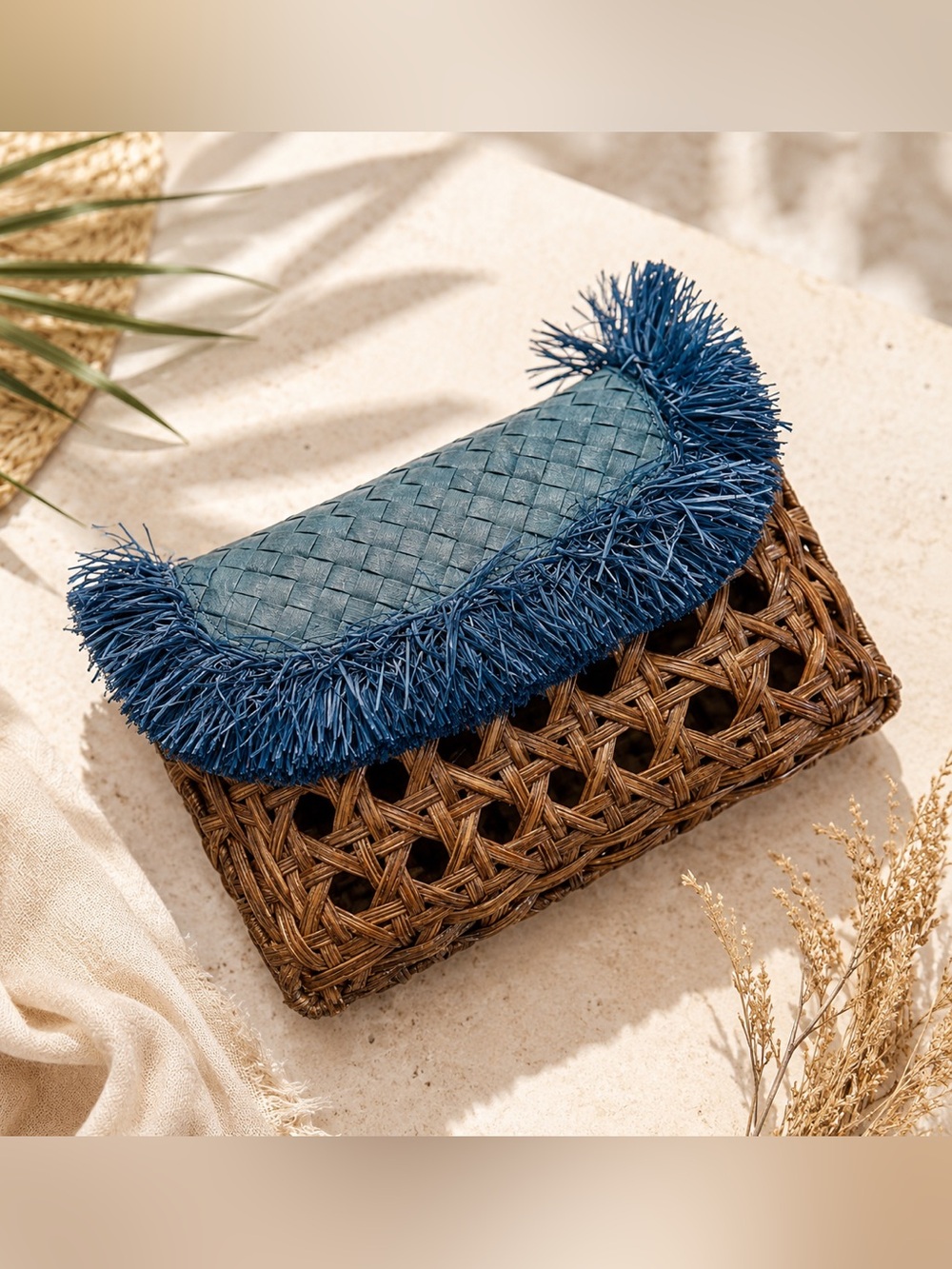 Vincent Pradier Woven Rattan Clutch Blue Raffia Fringe Anthropologie Style